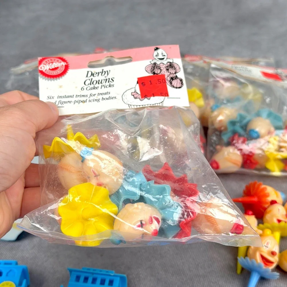 Vintage 1991 Wilton Cake Picks Topper Derby Clowns Train Circus Birthday 40+ Pcs